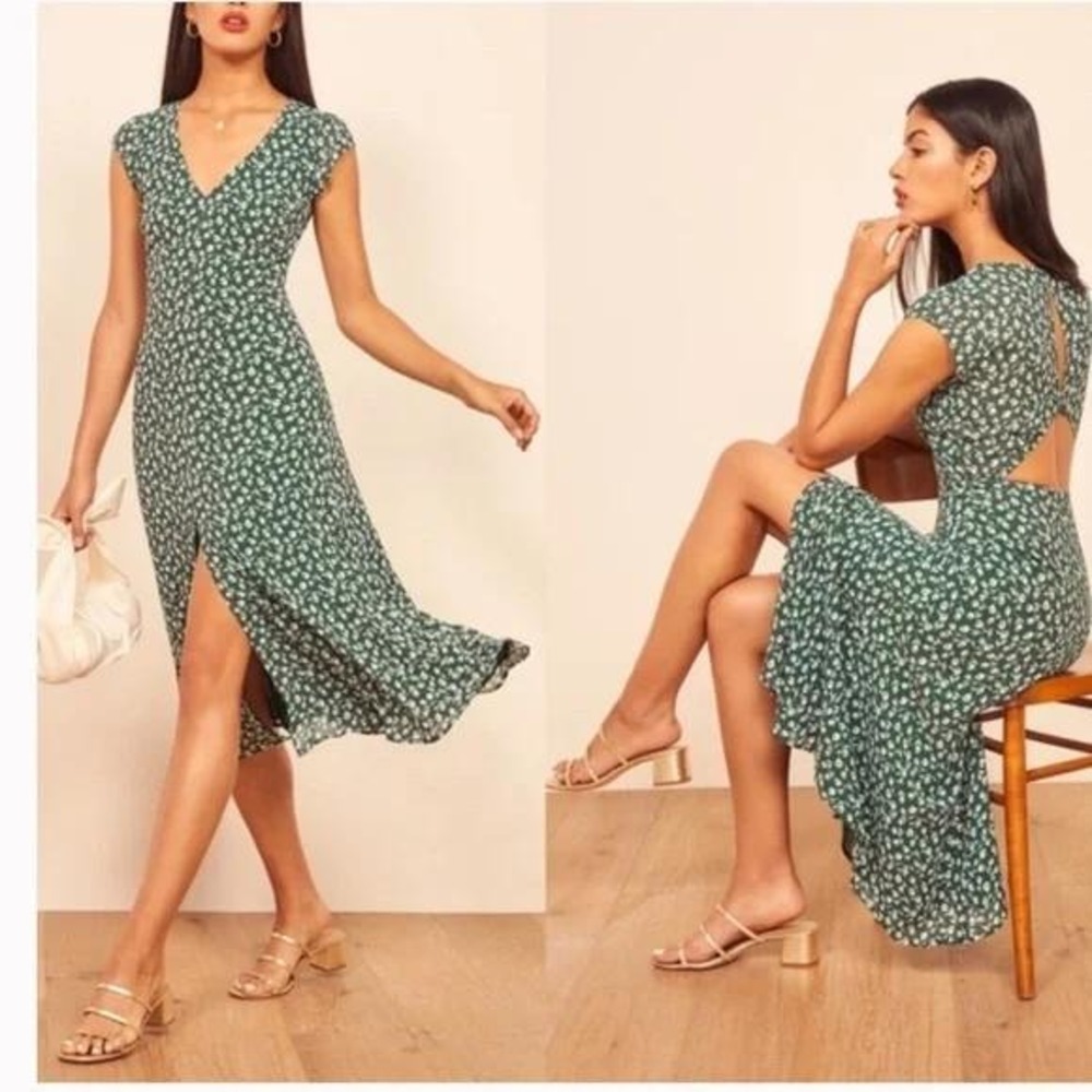 Reformation Wellfleet Dress Green Floral Midi Slit V Neck Dress Size 0
